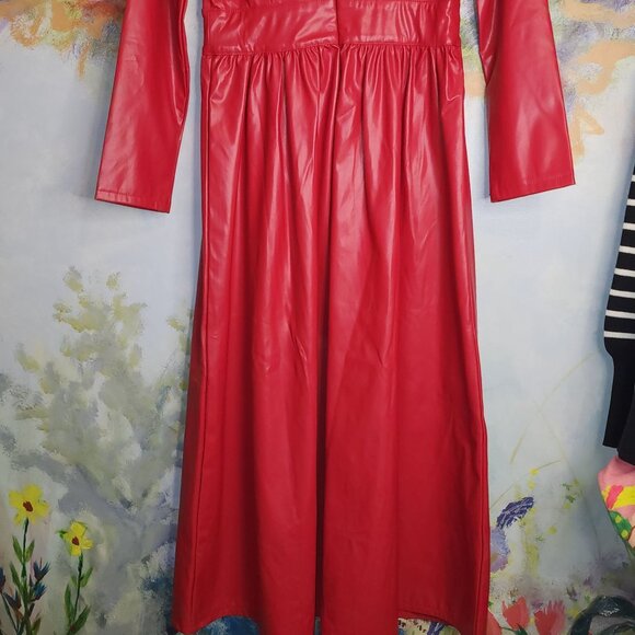StyleWe Red Faux Leather Long Sleeve Midi Dress With Keyhole Neckline - Picture 9 of 10